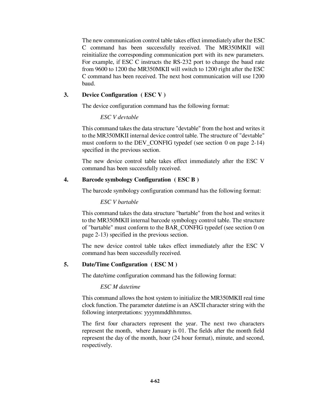 Unitech MR350MKII manual Device Configuration ESC, Barcode symbology Configuration ESC B, Date/Time Configuration ESC M 