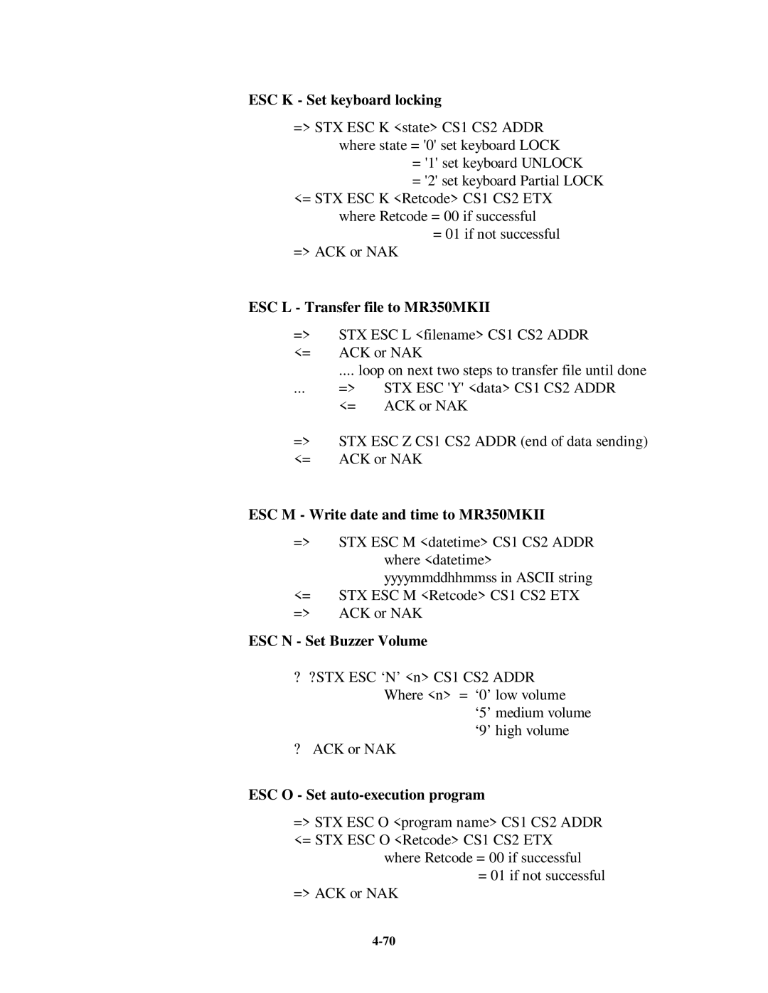 Unitech manual ESC K Set keyboard locking, ESC L Transfer file to MR350MKII, ESC M Write date and time to MR350MKII 