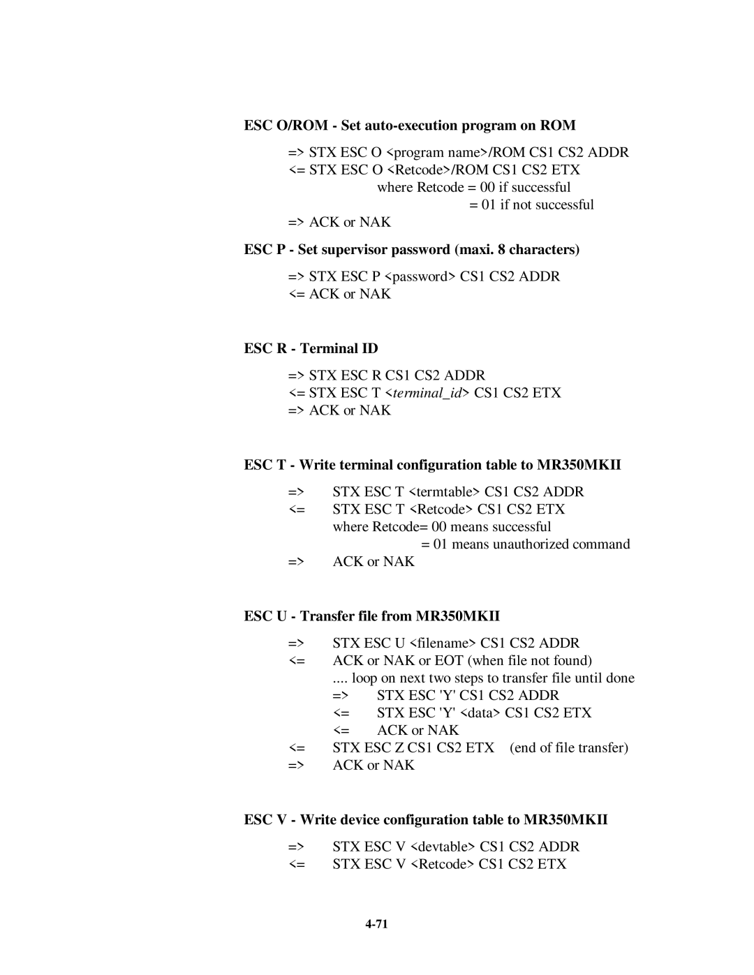 Unitech MR350MKII manual ESC O/ROM Set auto-execution program on ROM, ESC P Set supervisor password maxi characters 