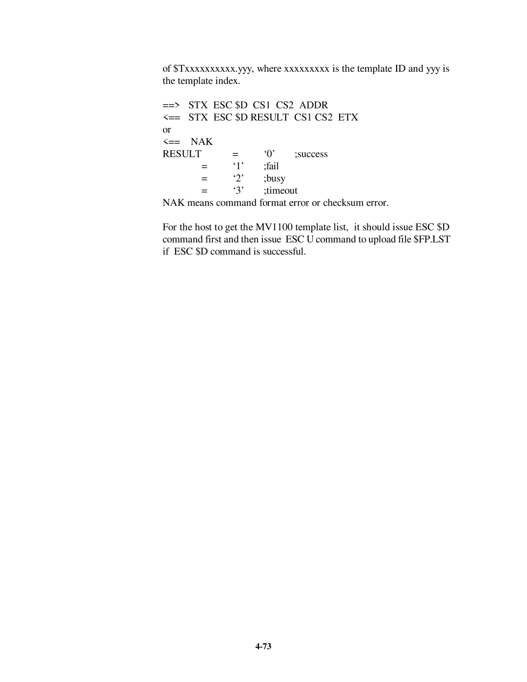 Unitech MR350MKII manual STX ESC $D CS1 CS2 Addr, STX ESC $D Result CS1 CS2 ETX, NAK Result 