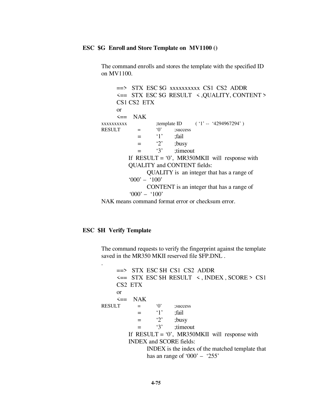 Unitech MR350MKII manual ESC $G Enroll and Store Template on MV1100, ESC $H Verify Template 