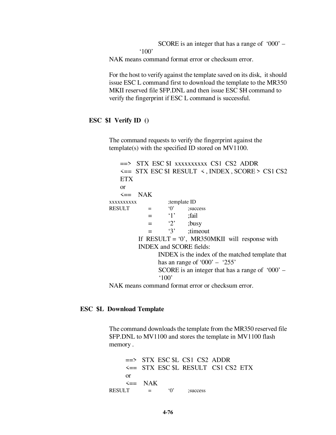 Unitech MR350MKII manual ESC $I Verify ID, ESC $L Download Template 