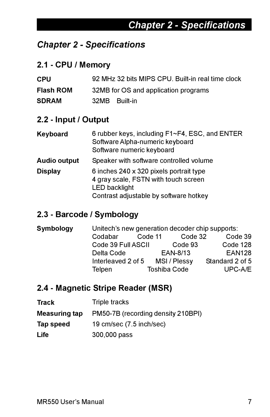 Unitech MR550 manual Specifications 