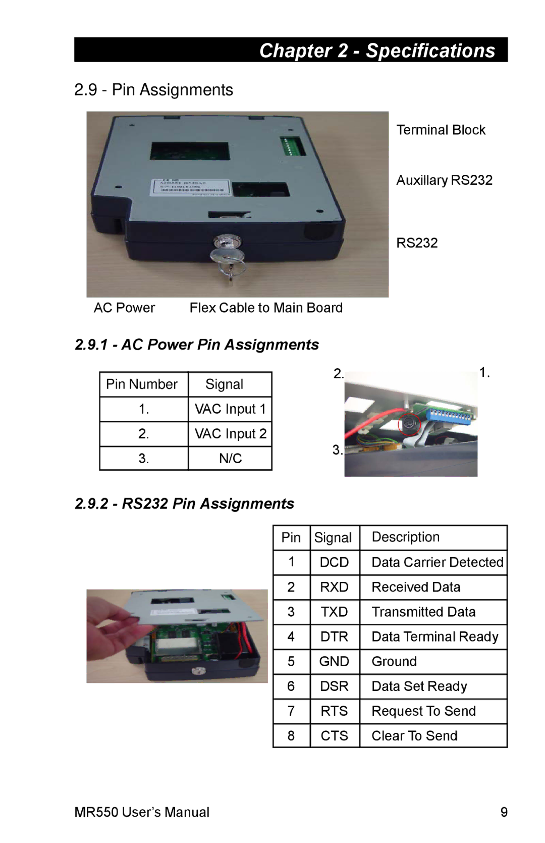 Unitech MR550 manual AC Power Pin Assignments, RS232 Pin Assignments, Pin Number, Pin Signal Description 