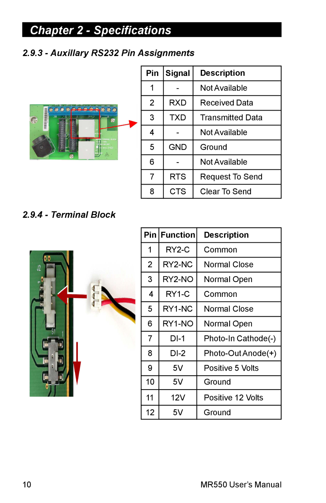 Unitech MR550 manual Auxillary RS232 Pin Assignments, Terminal Block, Pin Function Description 