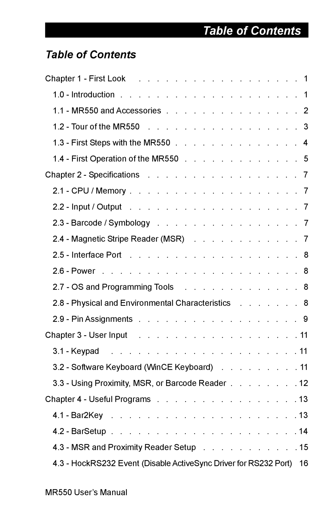 Unitech MR550 manual Table of Contents 