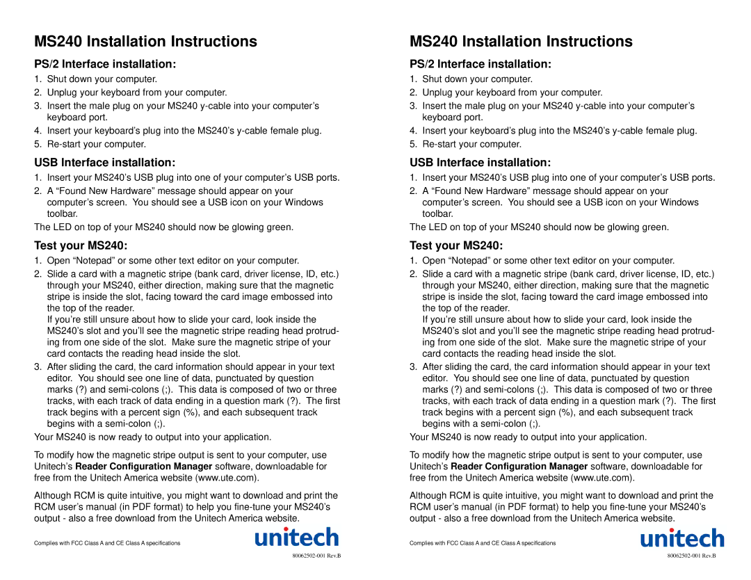 Unitech MS2402KG5N1PROMO installation instructions MS240 Installation Instructions, PS/2 Interface installation 