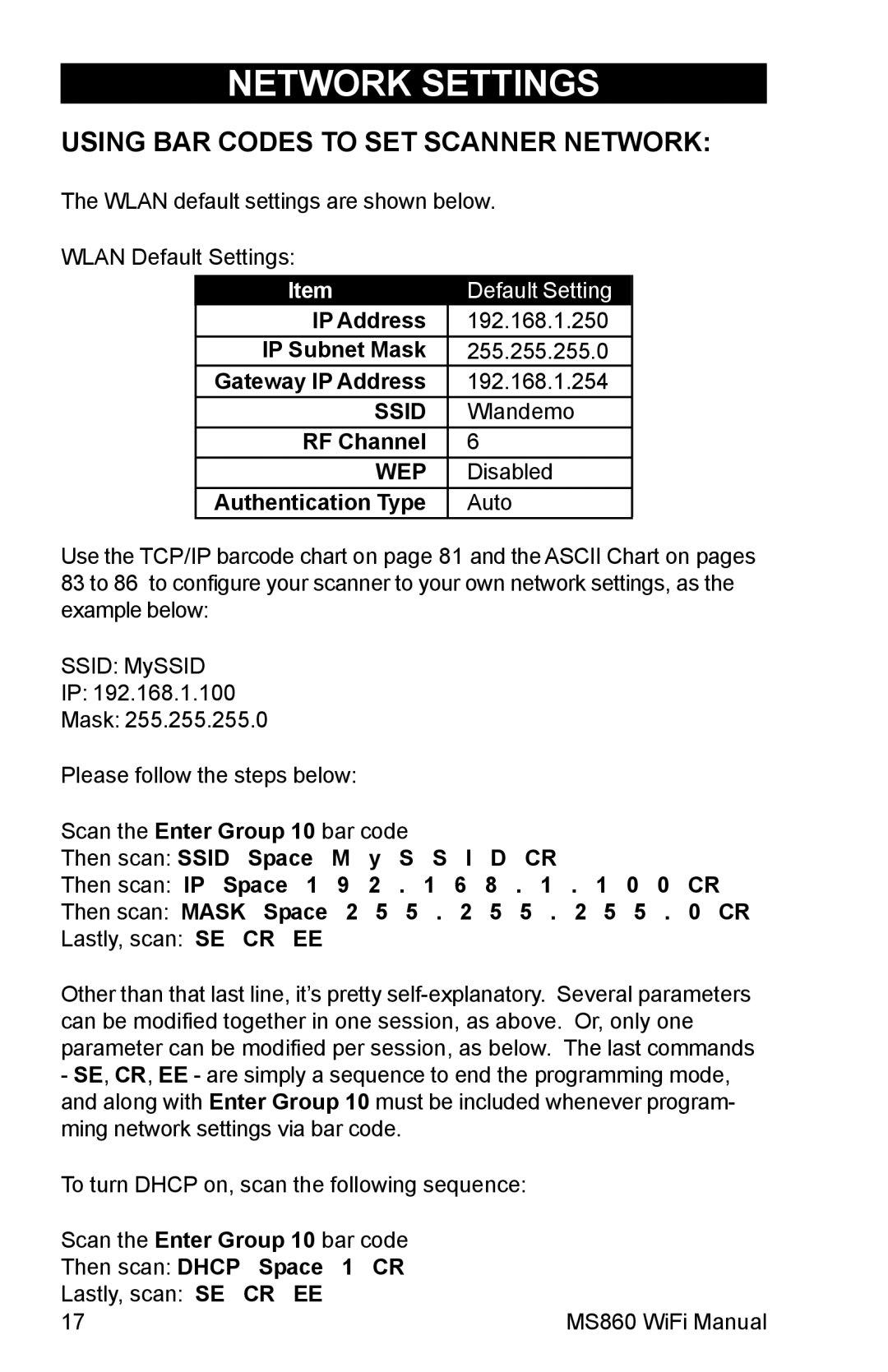 Unitech MS860 manual Using BAR Codes to SET Scanner Network 