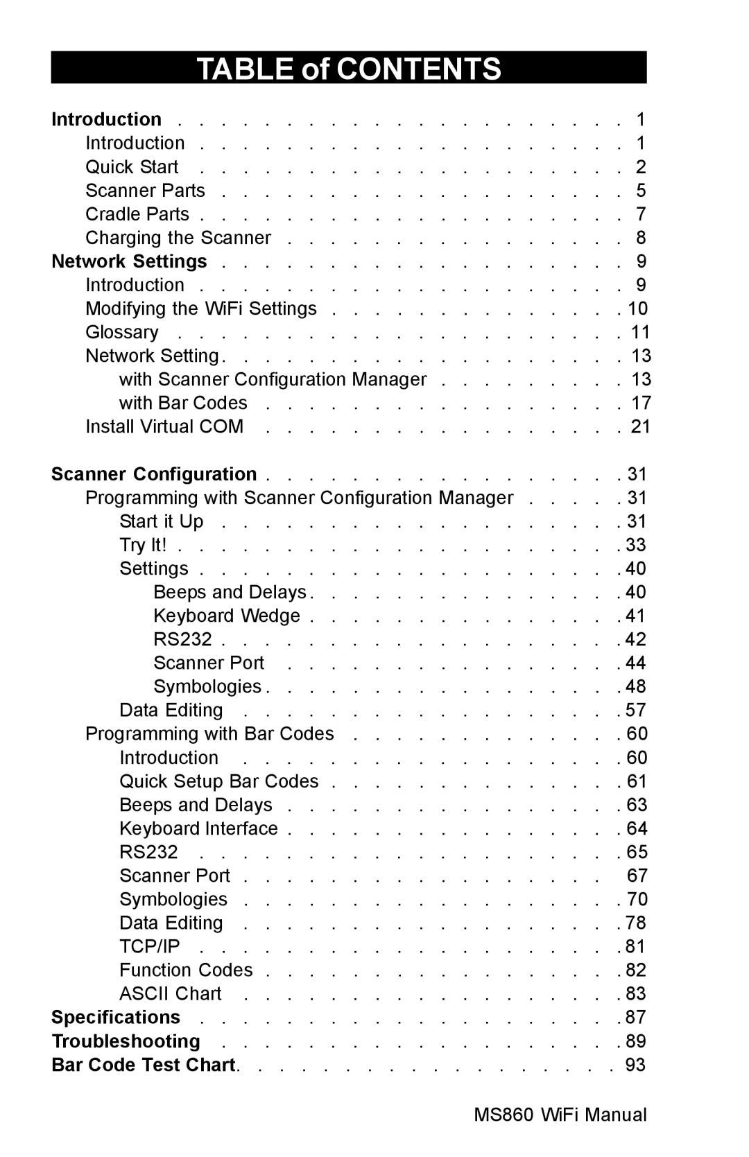 Unitech MS860 manual Table of Contents 