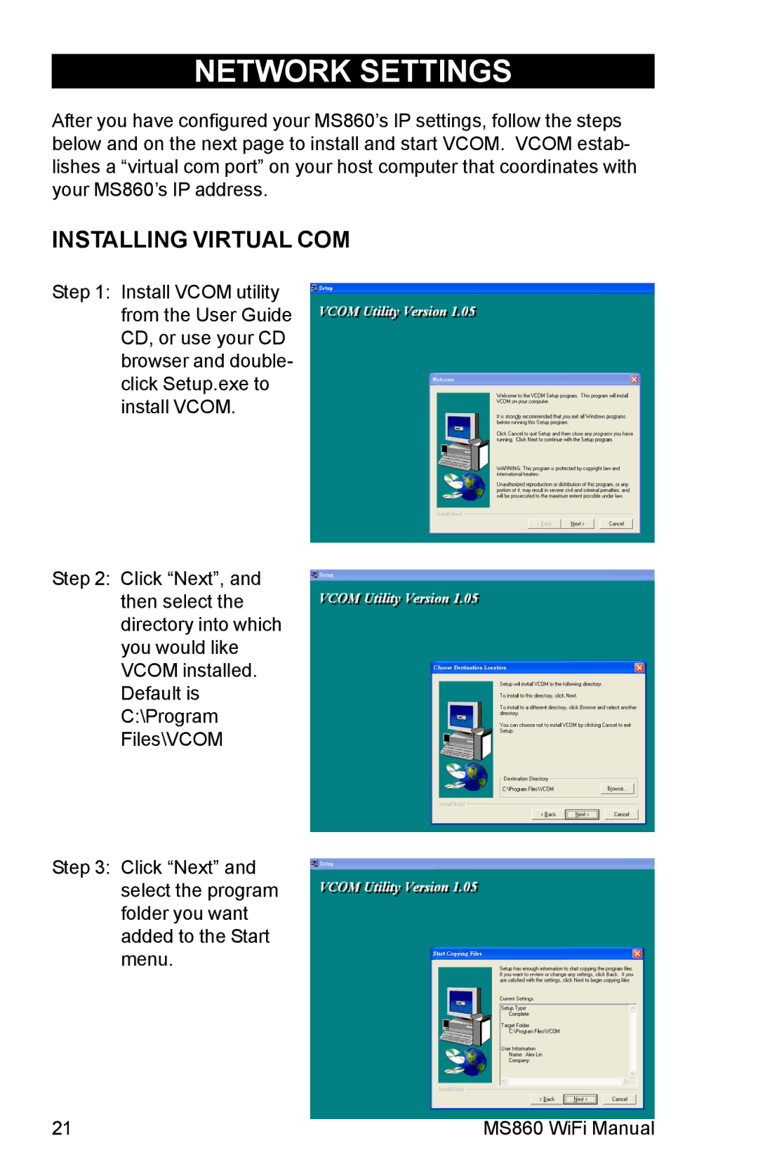 Unitech MS860 manual Installing Virtual COM 