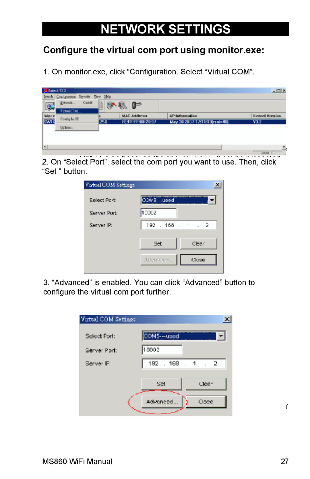 Unitech MS860 manual ConfigureWEP the virtual com port using monitor.exe 