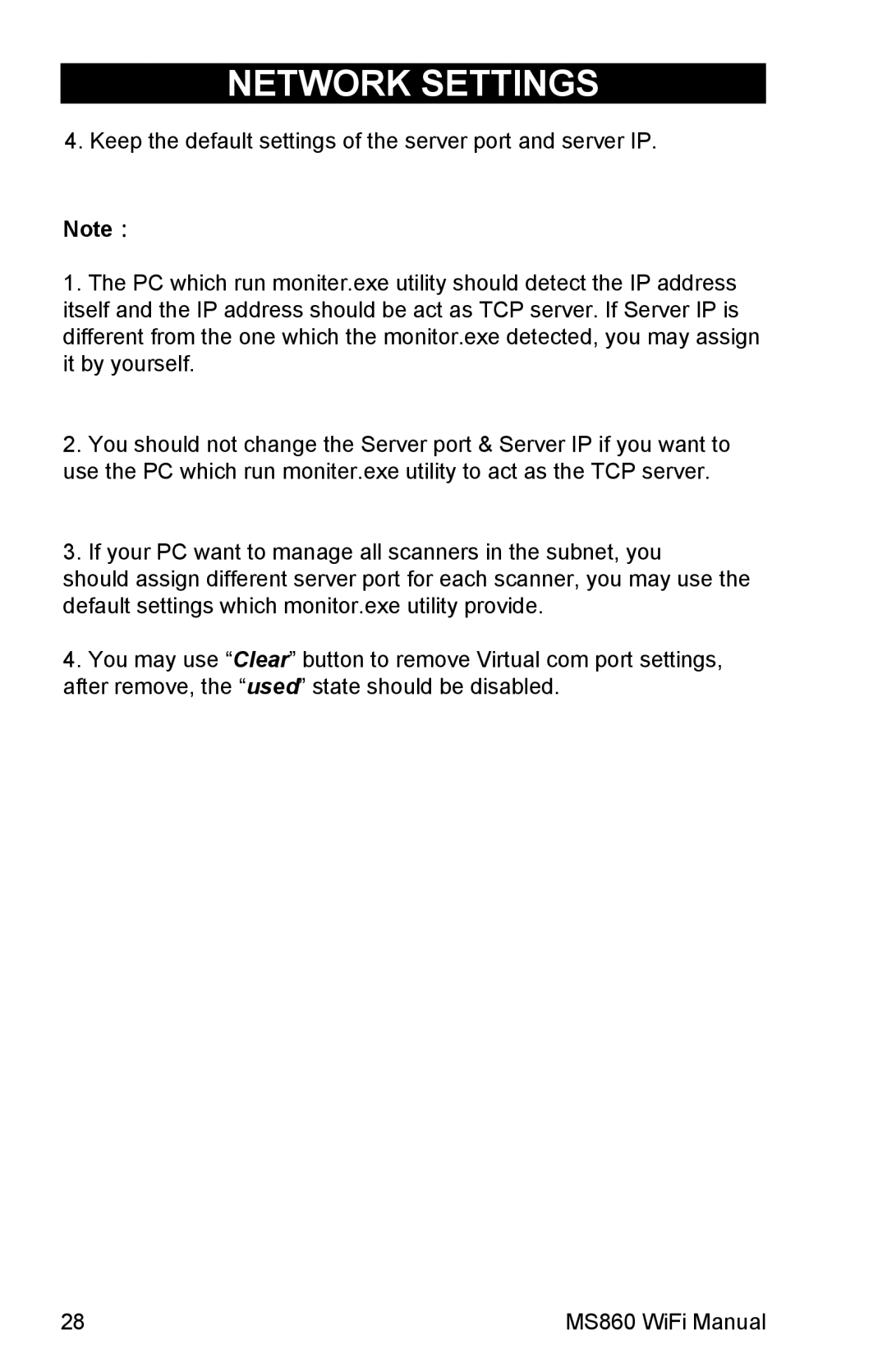 Unitech MS860 manual Keep the default settings of the server port and server IP 