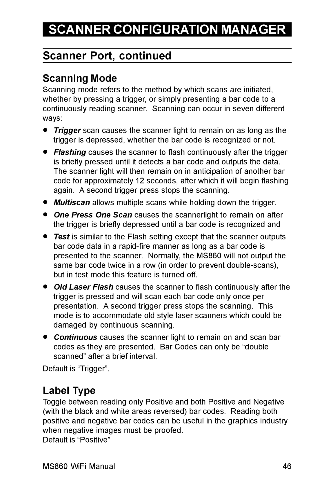 Unitech MS860 manual Scanning Mode, Label Type 