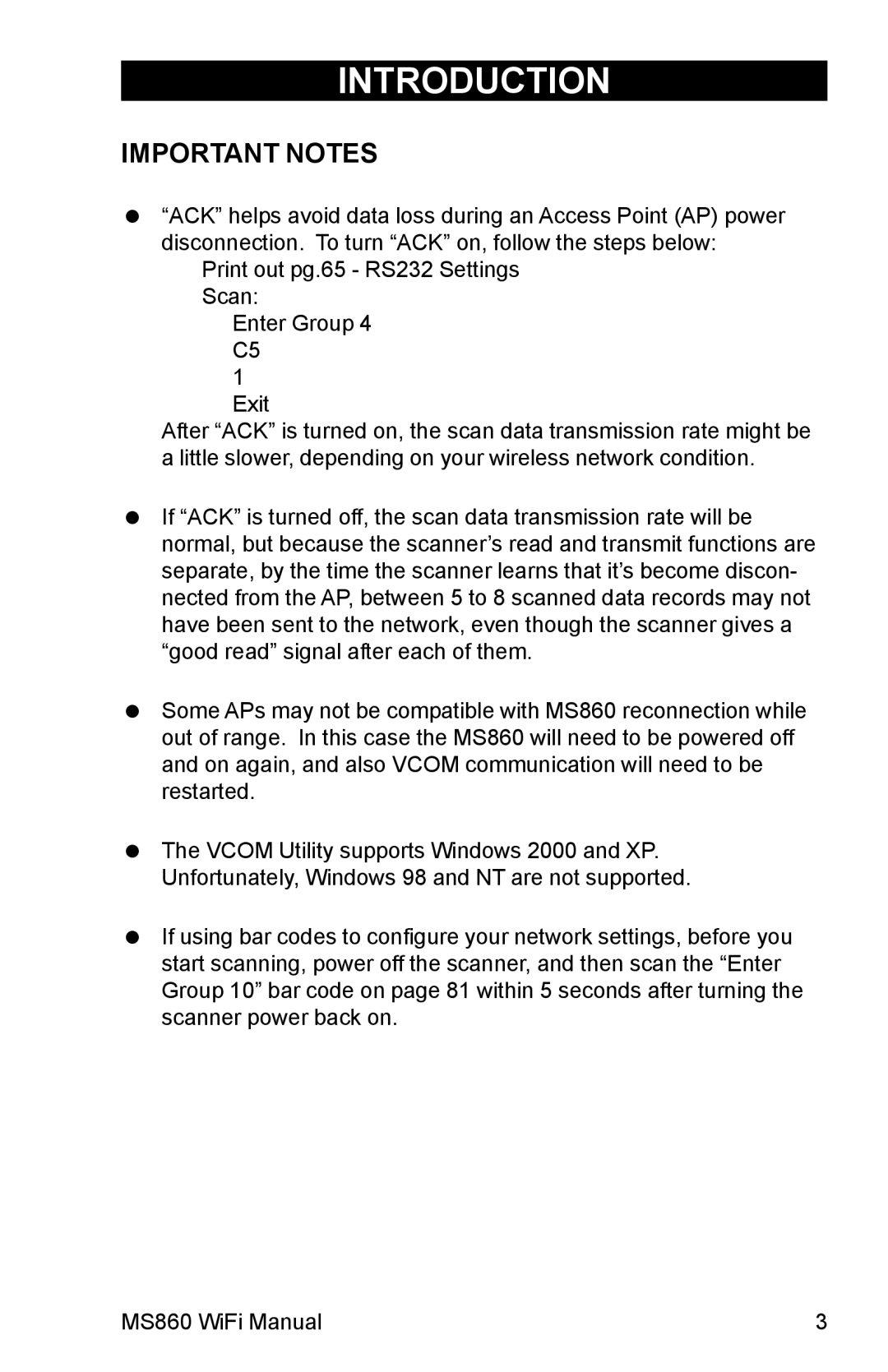 Unitech MS860 manual Important Notes 