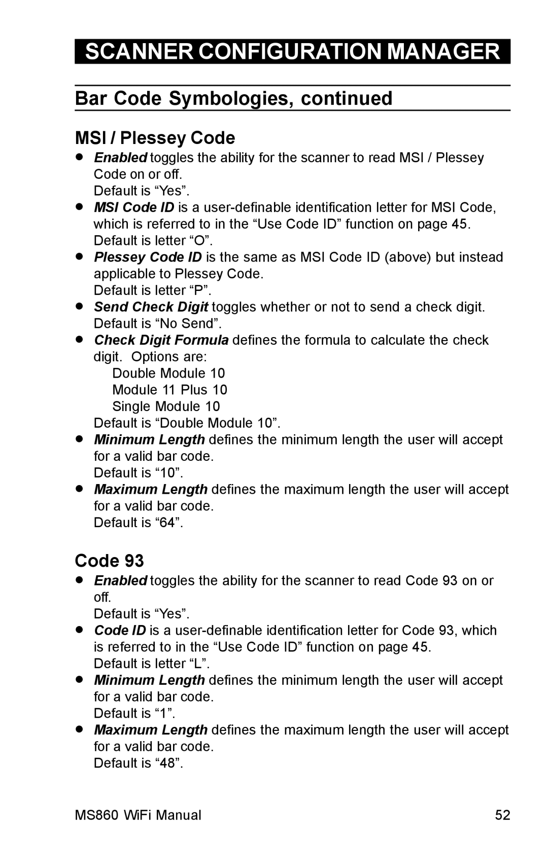 Unitech MS860 manual MSI / Plessey Code 