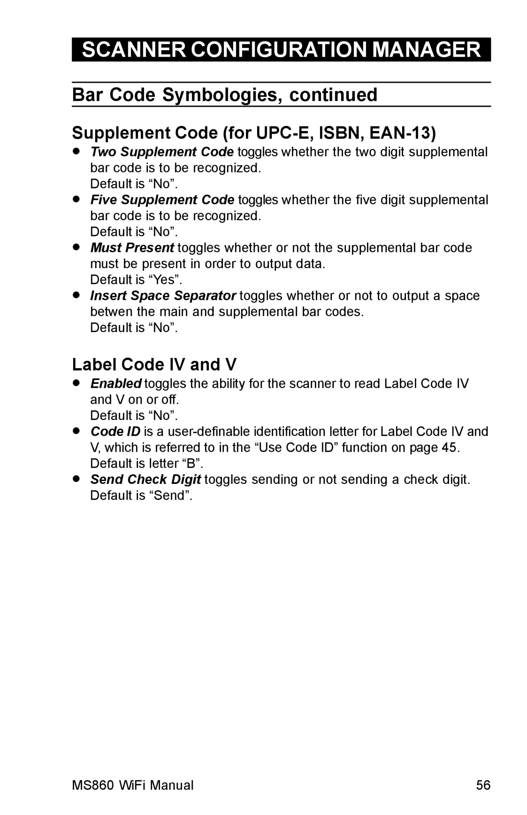 Unitech MS860 manual Supplement Code for UPC-E, ISBN, EAN-13, Label Code IV 