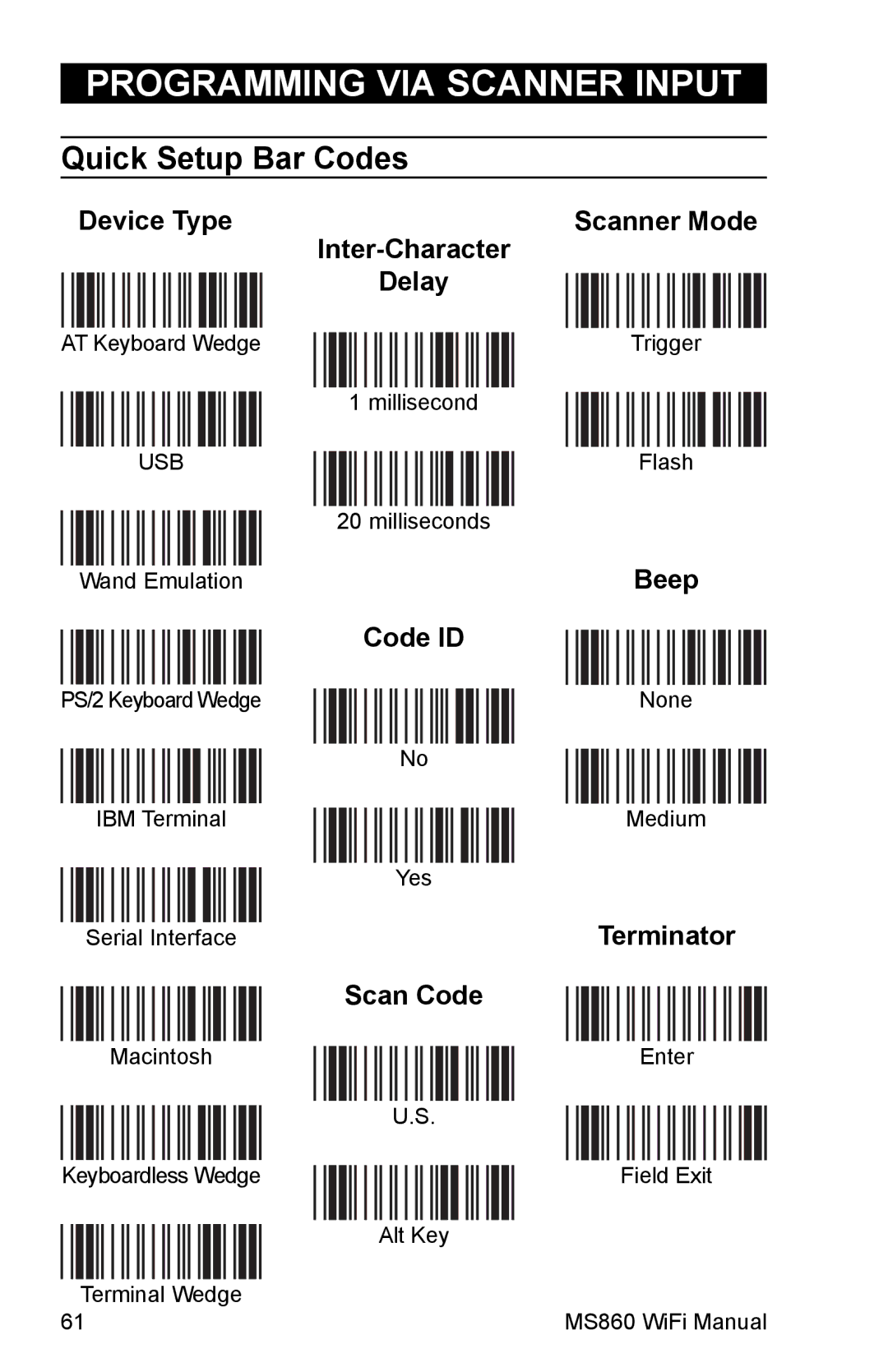 Unitech MS860 manual Quick Setup Bar Codes, Beep 