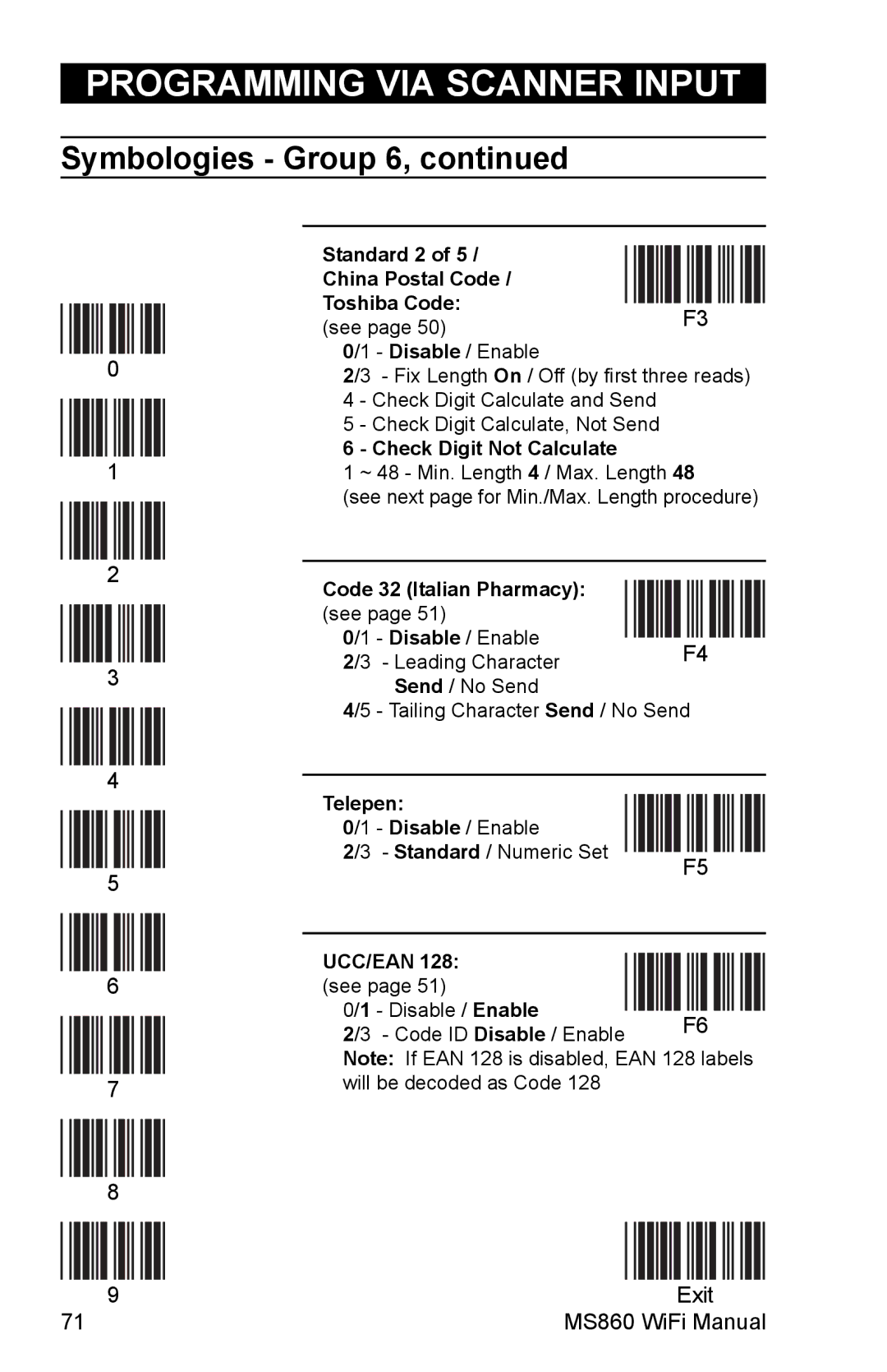 Unitech MS860 manual Standard 2 China Postal Code Toshiba Code, Code 32 Italian Pharmacy see, Telepen, UCC/EAN 128 see 