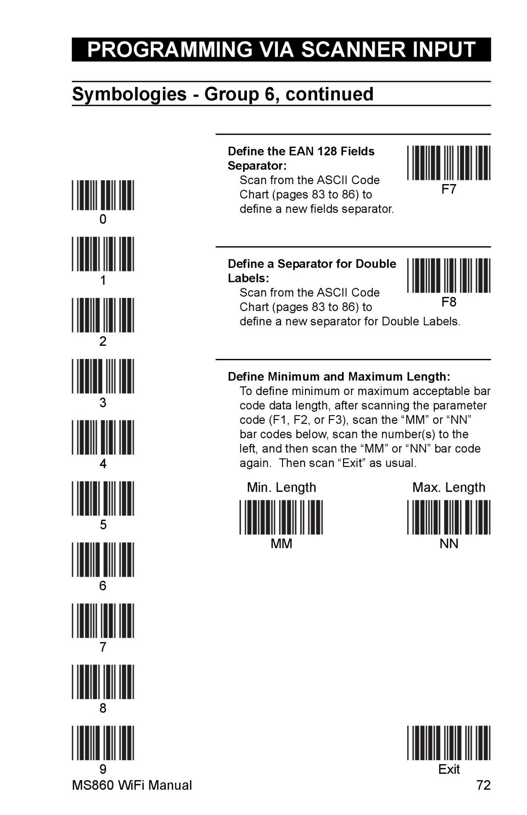 Unitech MS860 Define the EAN 128 Fields Separator, Define a Separator for Double Labels, Define Minimum and Maximum Length 