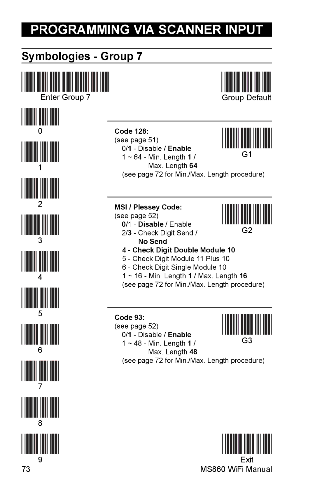 Unitech MS860 manual Code 128 see, MSI / Plessey Code, No Send Check Digit Double Module, Code 93 see 