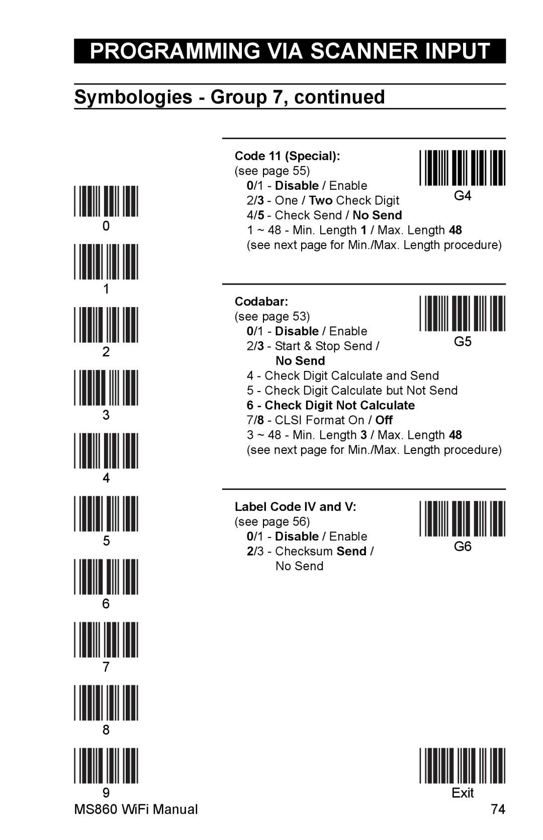 Unitech MS860 manual Code 11 Special see, Codabar see, No Send, Label Code IV and V see 