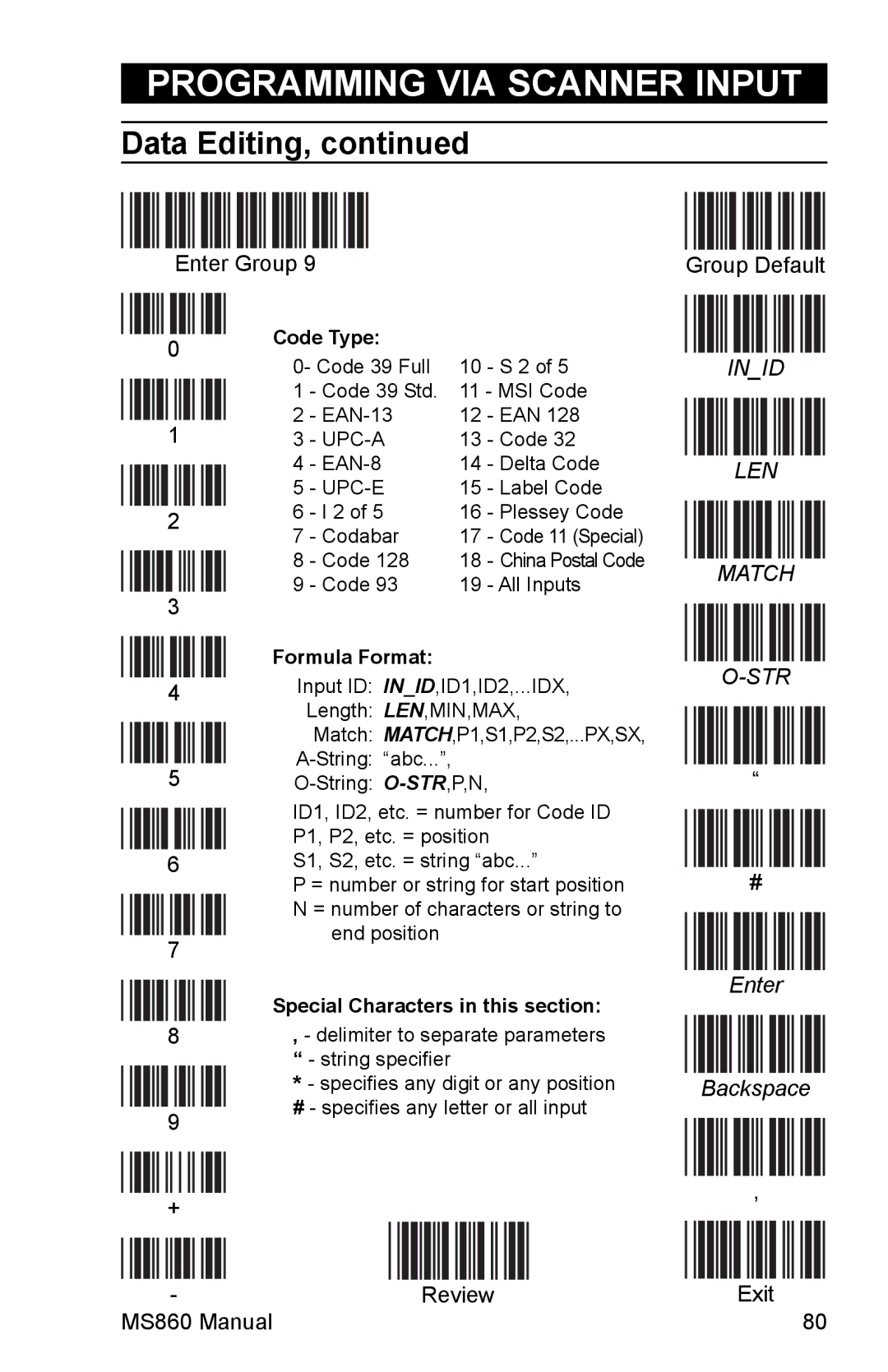 Unitech MS860 manual Code Type, Formula Format, Special Characters in this section 