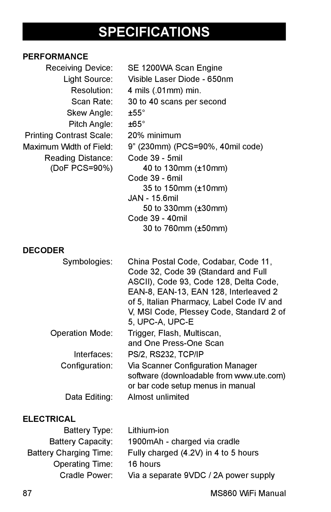 Unitech MS860 manual Specifications 