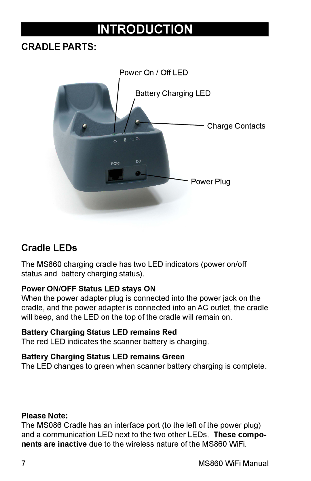 Unitech MS860 manual Cradle Parts, Cradle LEDs 