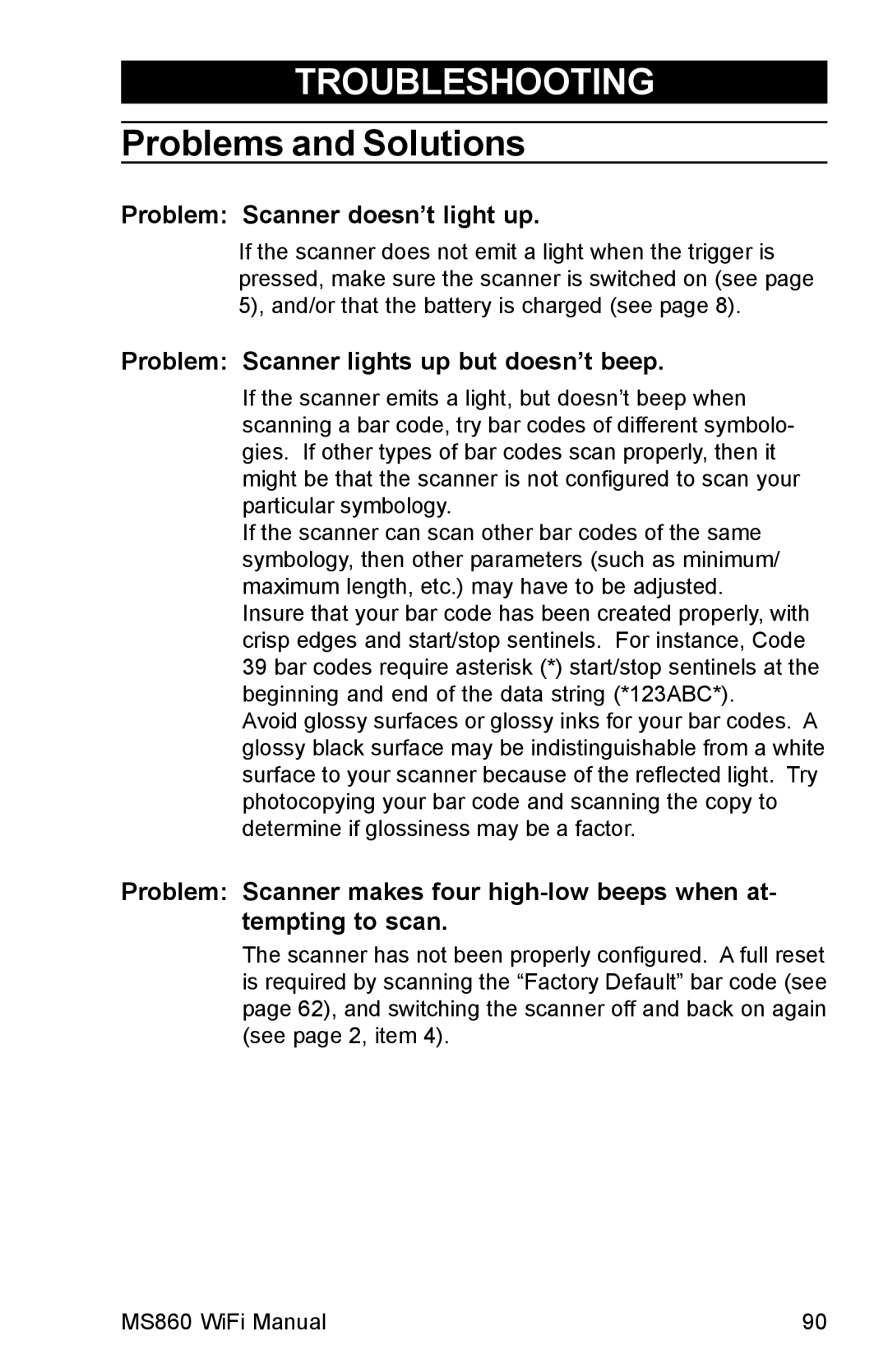 Unitech MS860 manual Problems and Solutions 