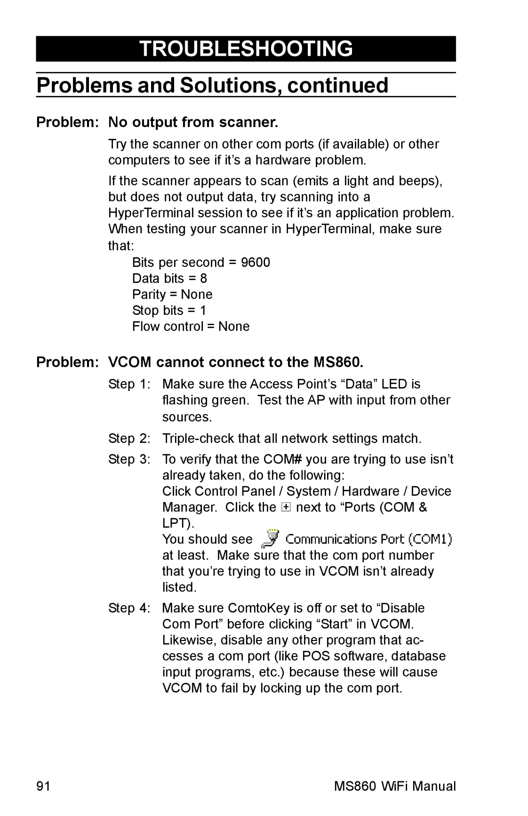 Unitech MS860 manual Problem No output from scanner 