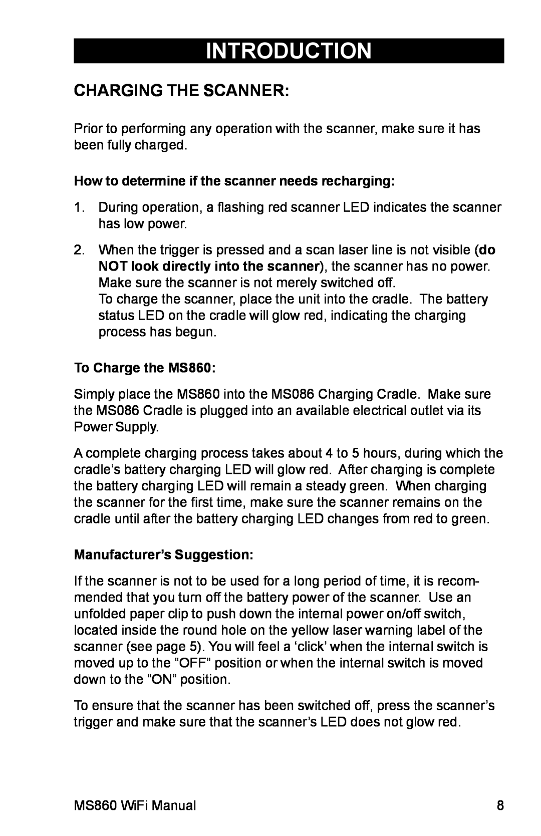 Unitech manual Charging The Scanner, Introduction, How to determine if the scanner needs recharging, To Charge the MS860 