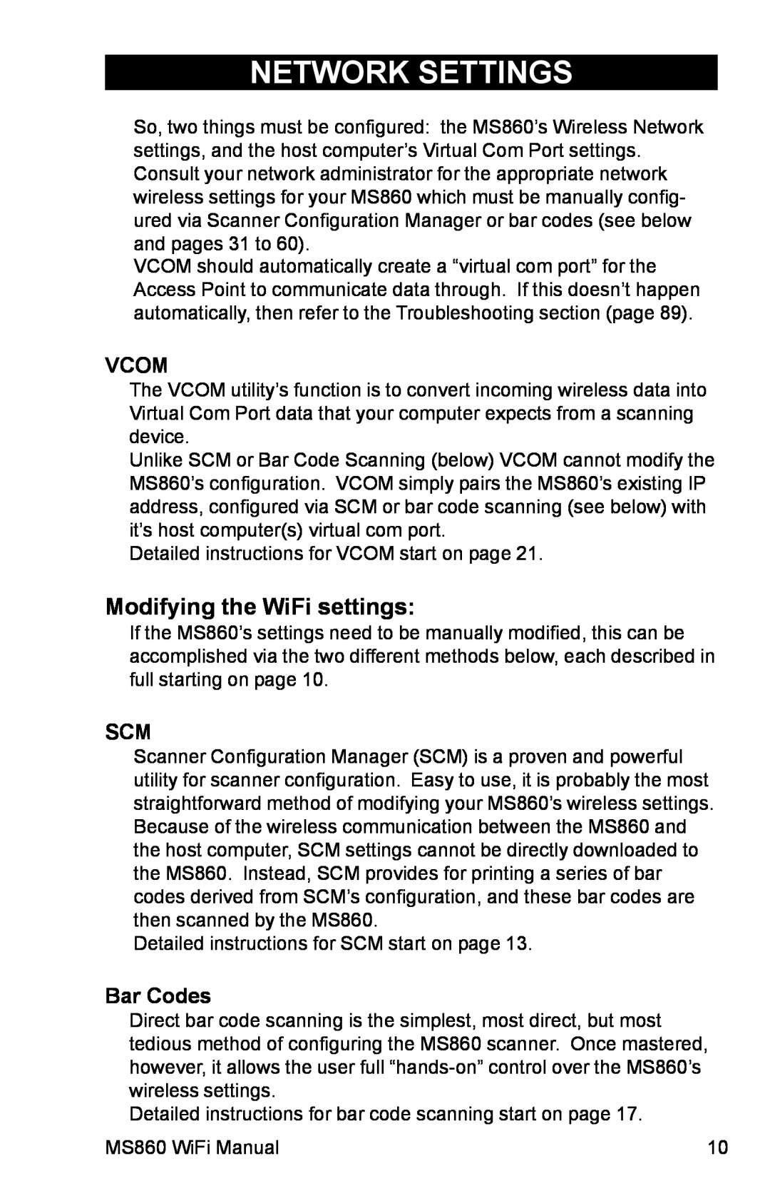 Unitech MS860 manual Modifying the WiFi settings, Vcom, Bar Codes, Network Settings 
