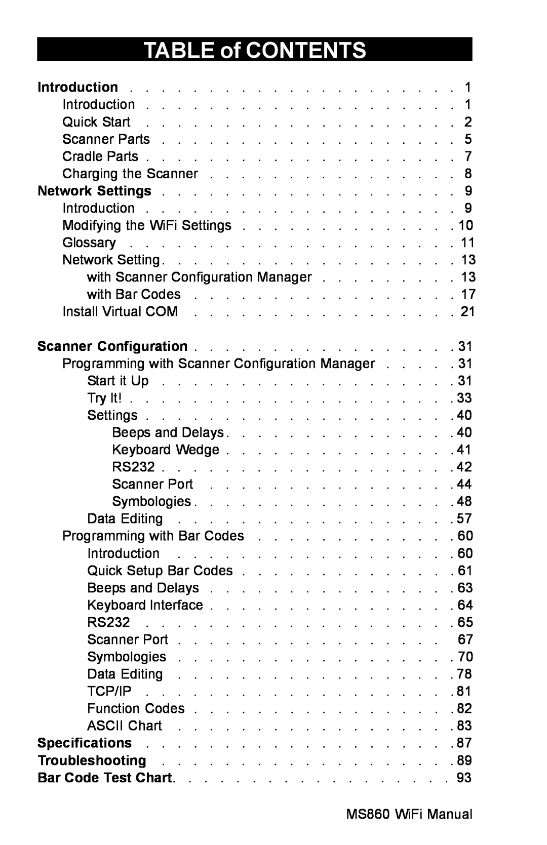 Unitech MS860 manual TABLE of CONTENTS 