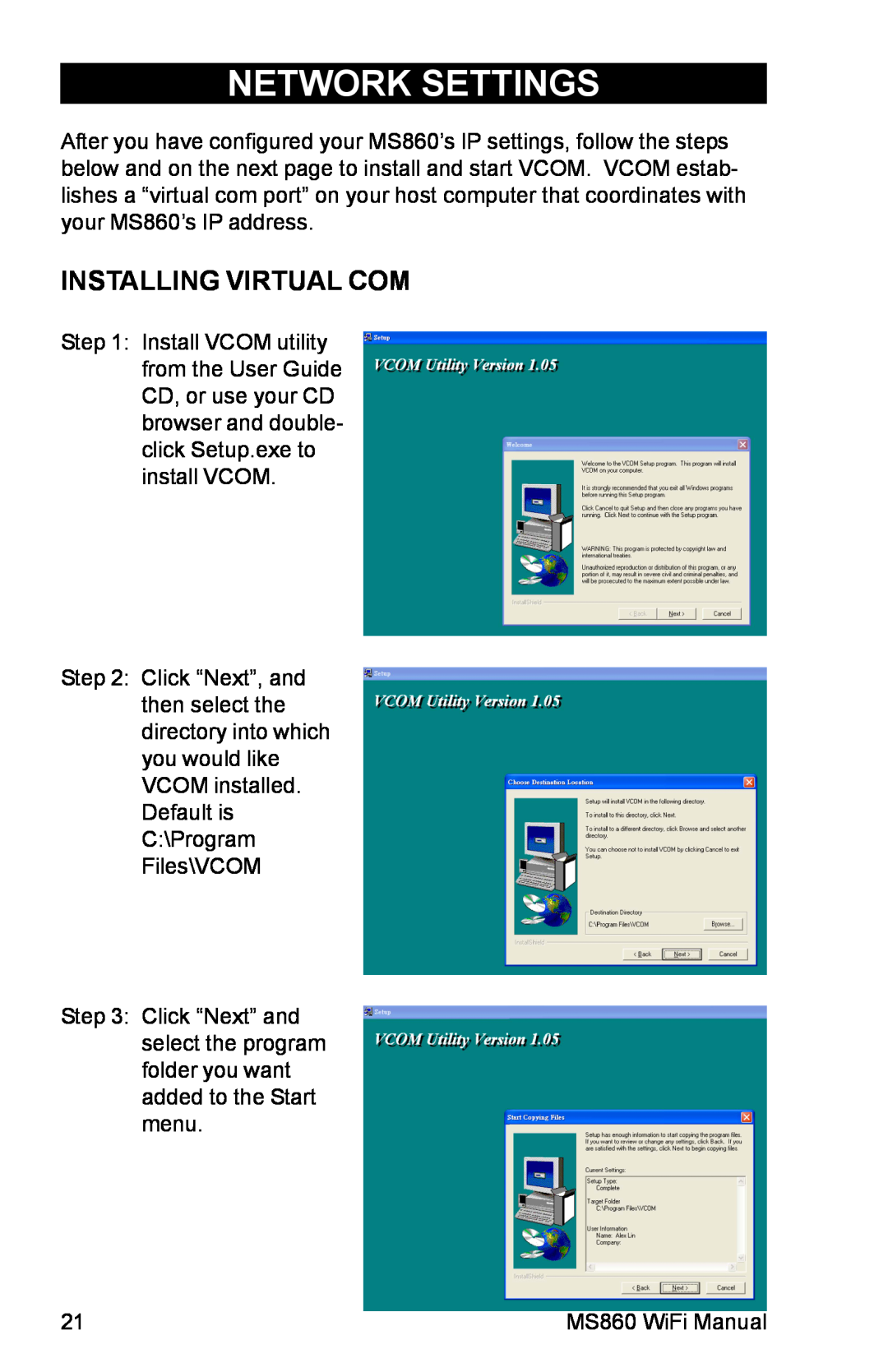 Unitech MS860 manual Installing Virtual Com, Network Settings 