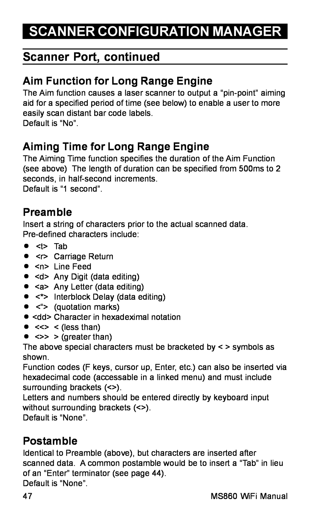 Unitech MS860 manual Aim Function for Long Range Engine, Aiming Time for Long Range Engine, Preamble, Postamble 
