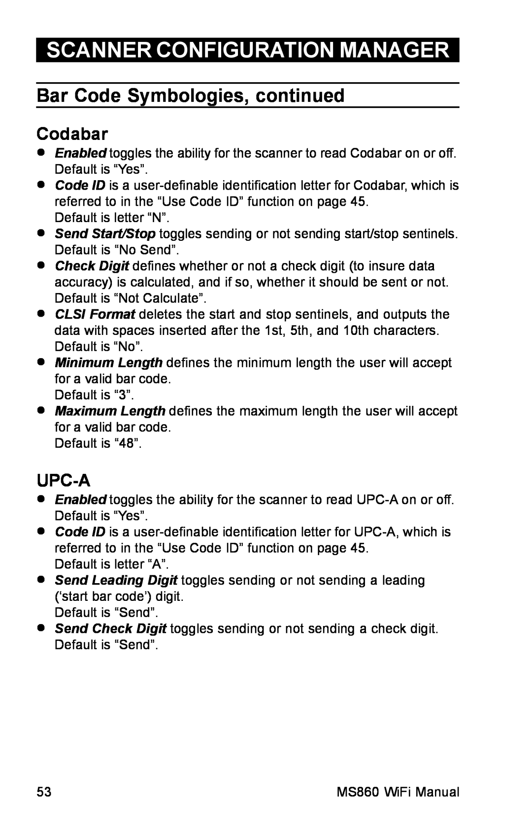 Unitech MS860 manual Codabar, Upc-A, Scanner Configuration Manager, Bar Code Symbologies, continued 