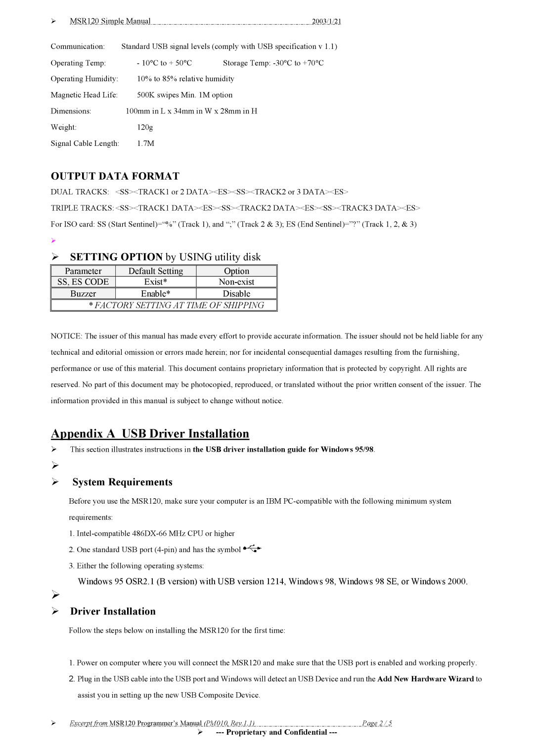 Unitech MSR120 Series warranty Output Data Format, System Requirements, Driver Installation 