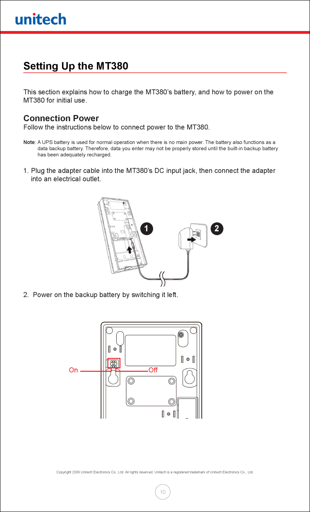 Unitech user manual Setting Up the MT380, Connection Power 