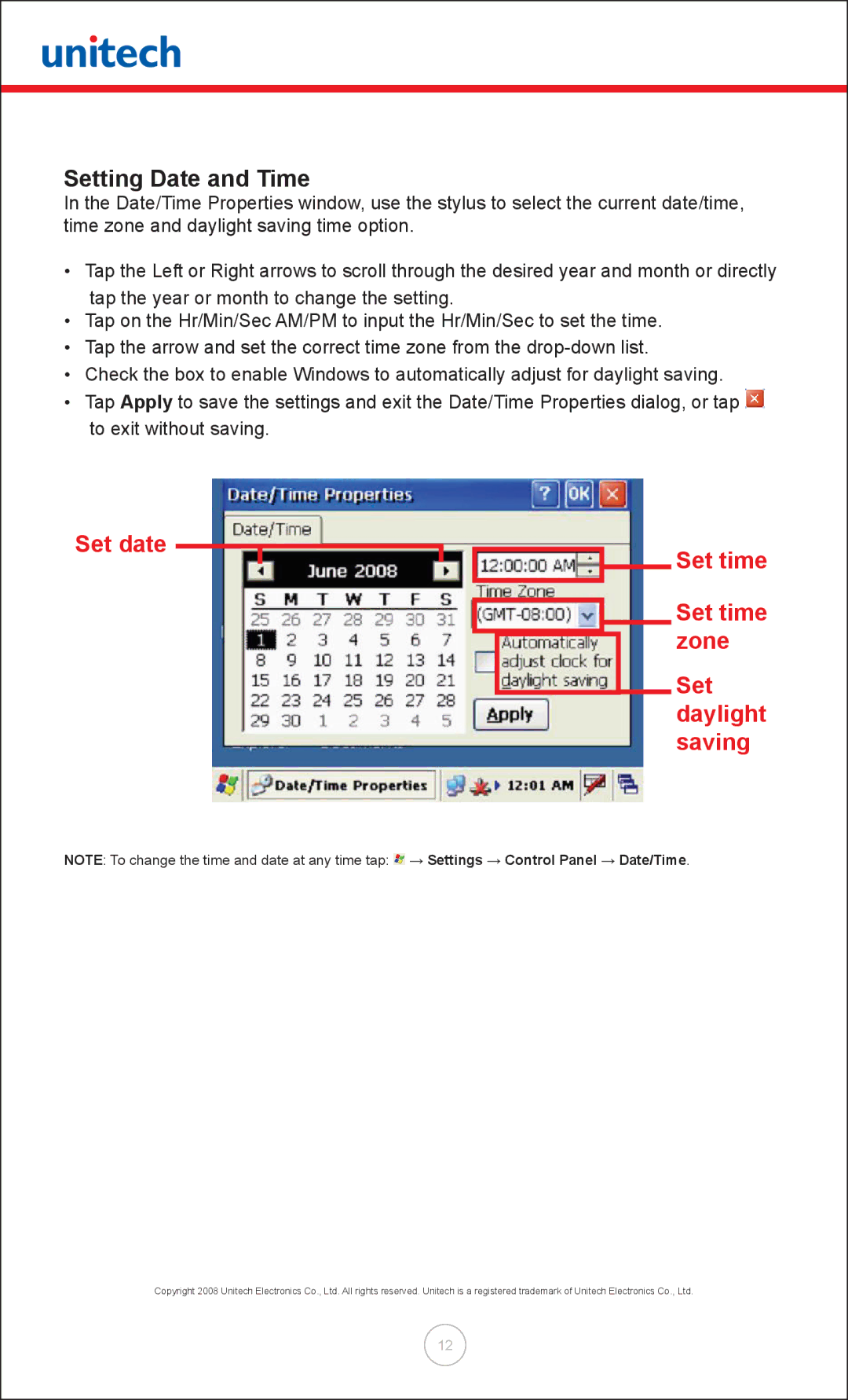 Unitech MT380 user manual Setting Date and Time, Set date Set time Zone Set daylight saving 