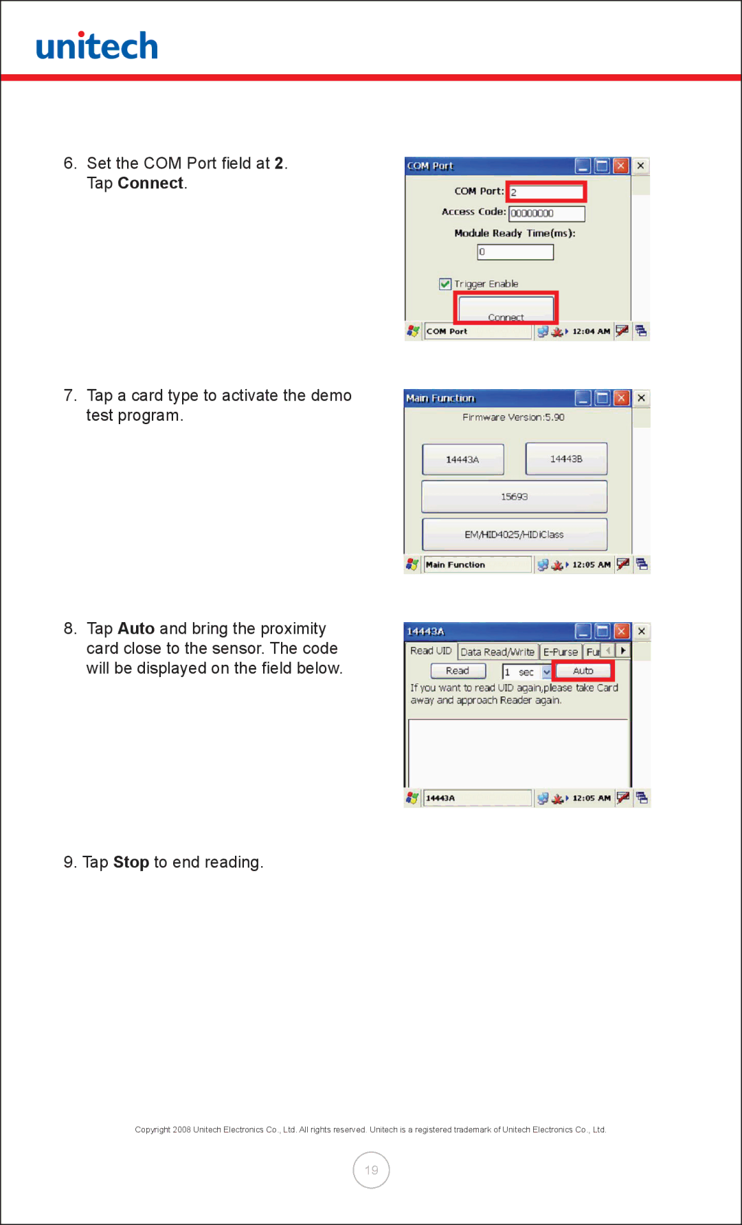 Unitech MT380 user manual Will be displayed on the field below Tap Stop to end reading 