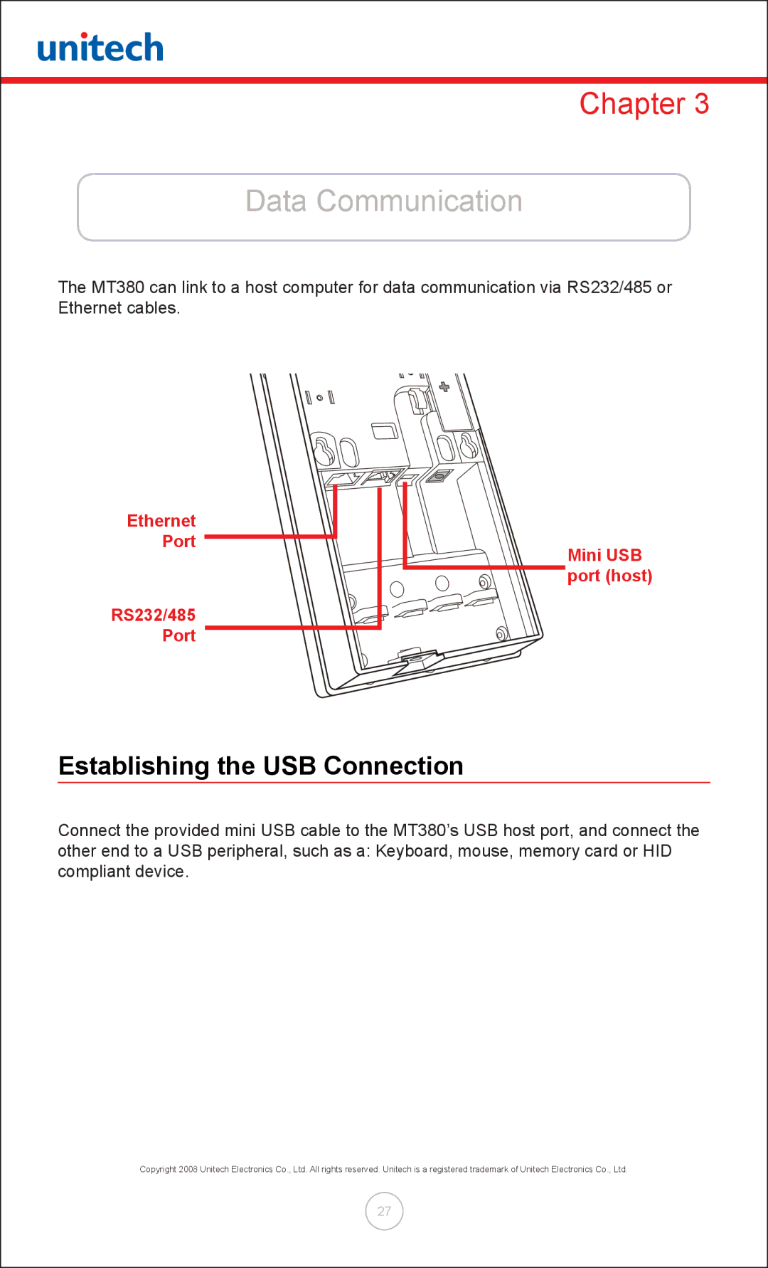 Unitech MT380 user manual Data Communication, Establishing the USB Connection 