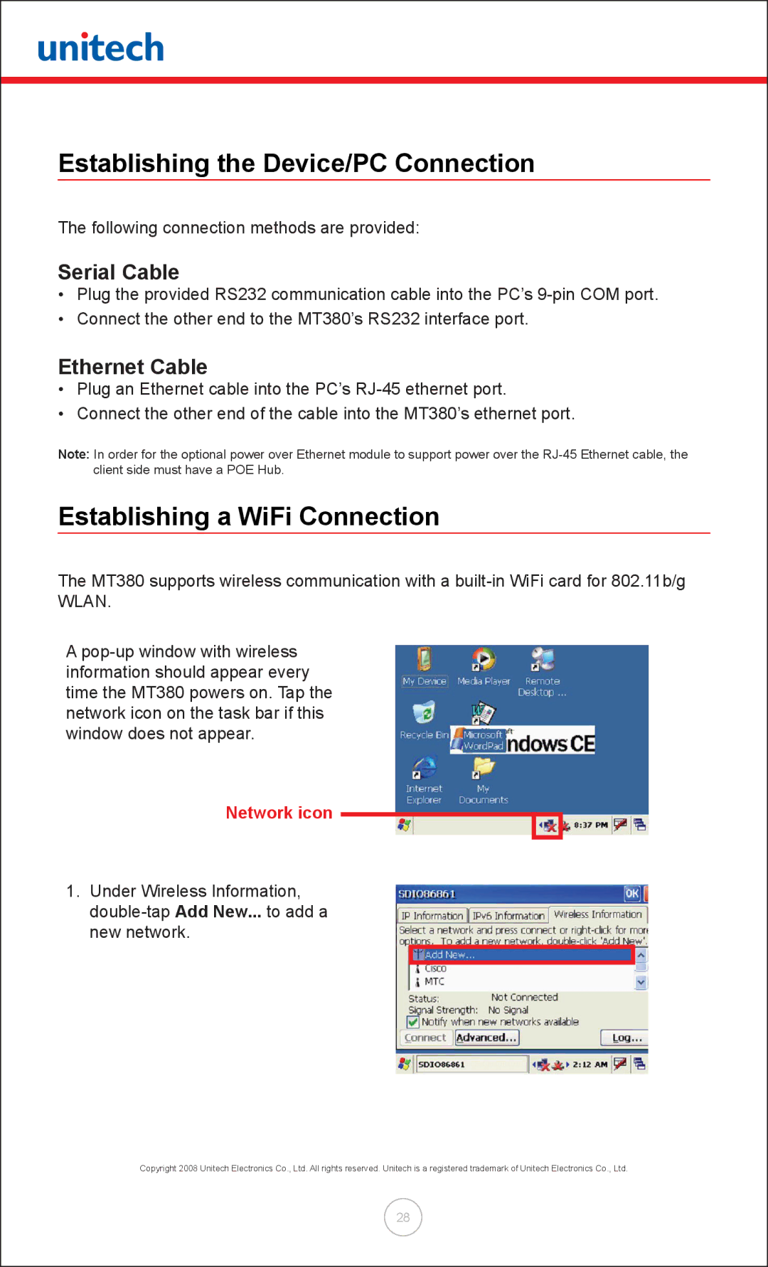 Unitech MT380 Establishing the Device/PC Connection, Establishing a WiFi Connection, Serial Cable, Ethernet Cable 