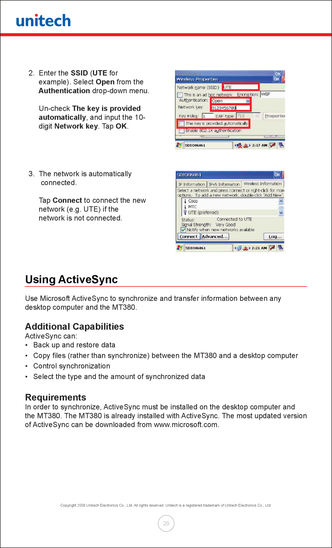 Unitech MT380 user manual Using ActiveSync, Additional Capabilities, Requirements 