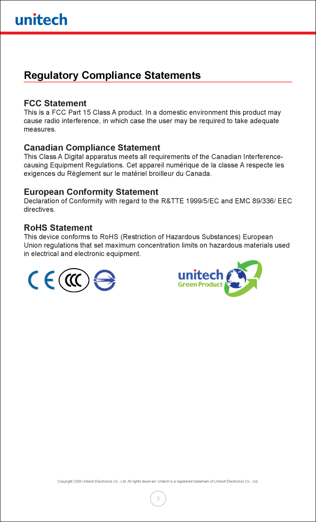 Unitech MT380 user manual Regulatory Compliance Statements, FCC Statement, Canadian Compliance Statement, RoHS Statement 