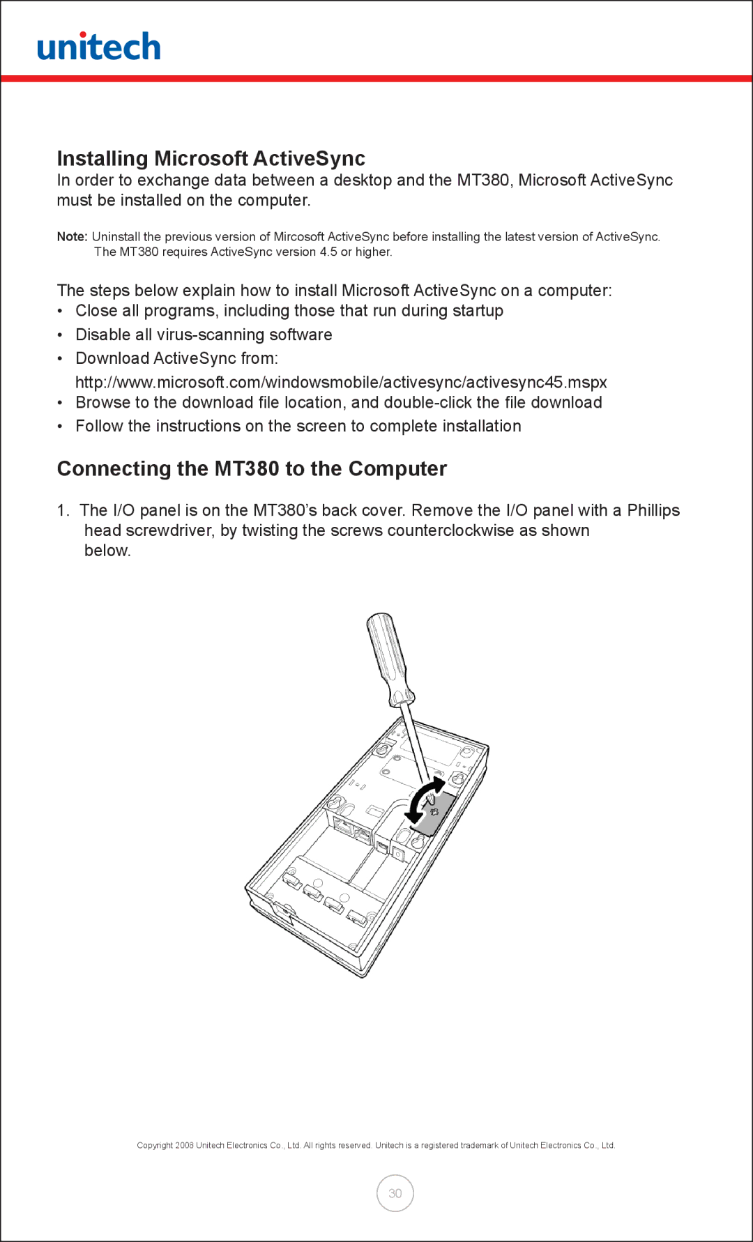 Unitech user manual Installing Microsoft ActiveSync, Connecting the MT380 to the Computer 