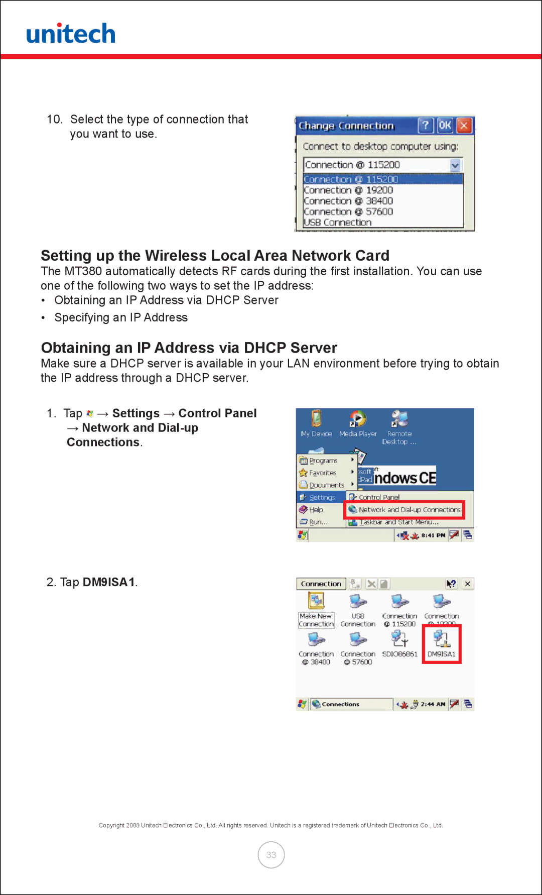 Unitech MT380 user manual Setting up the Wireless Local Area Network Card, Obtaining an IP Address via Dhcp Server 