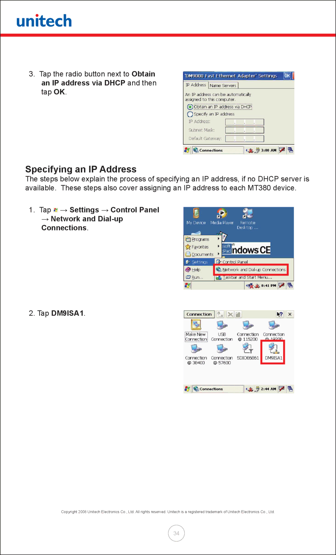 Unitech MT380 user manual Specifying an IP Address 