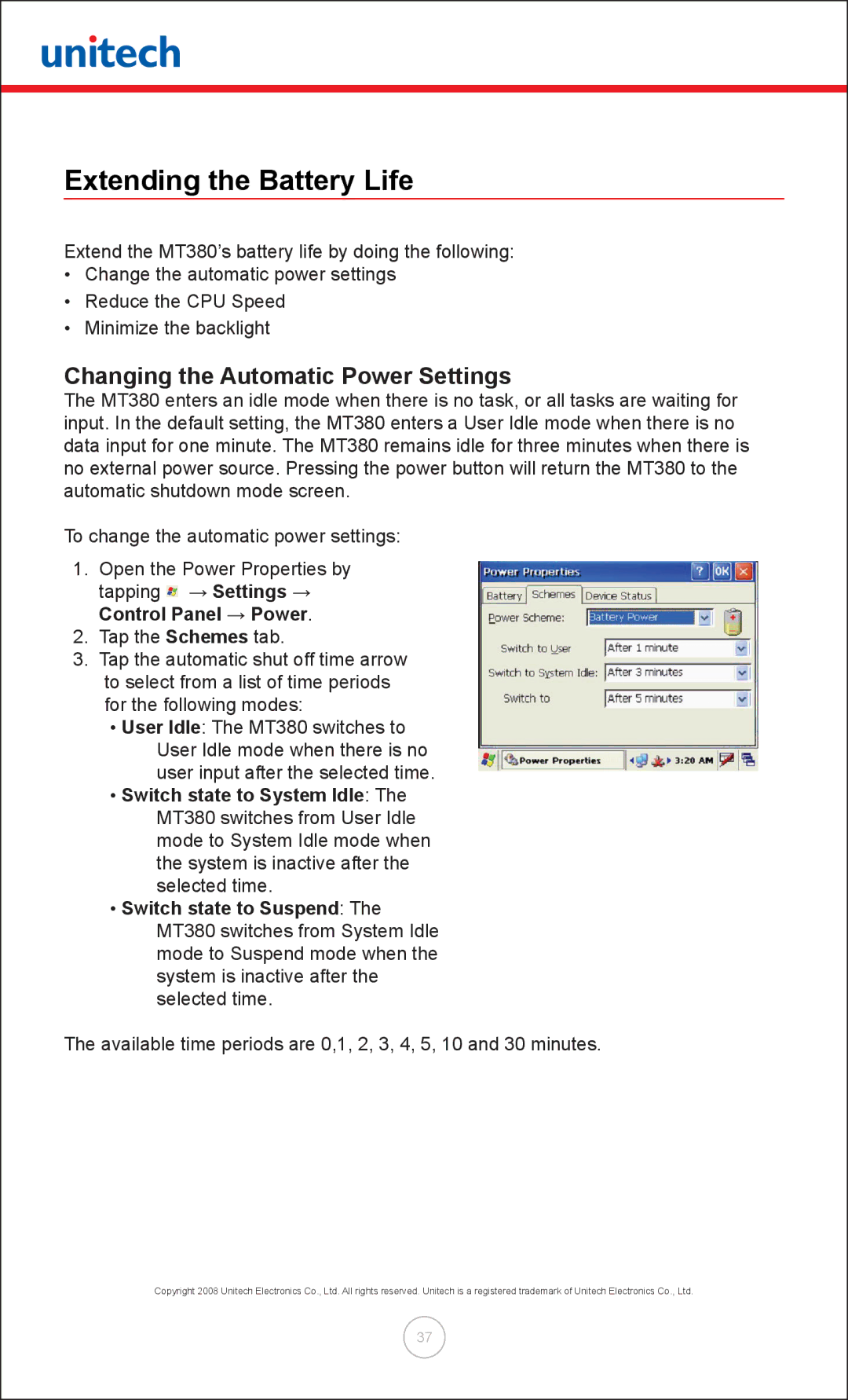 Unitech MT380 user manual Extending the Battery Life, Changing the Automatic Power Settings 