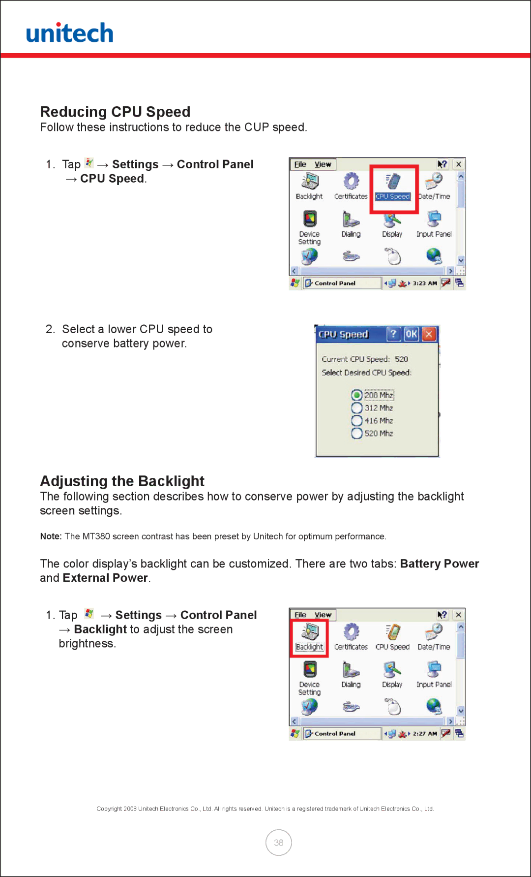 Unitech MT380 user manual Reducing CPU Speed, Adjusting the Backlight, Tap → Settings → Control Panel → CPU Speed 