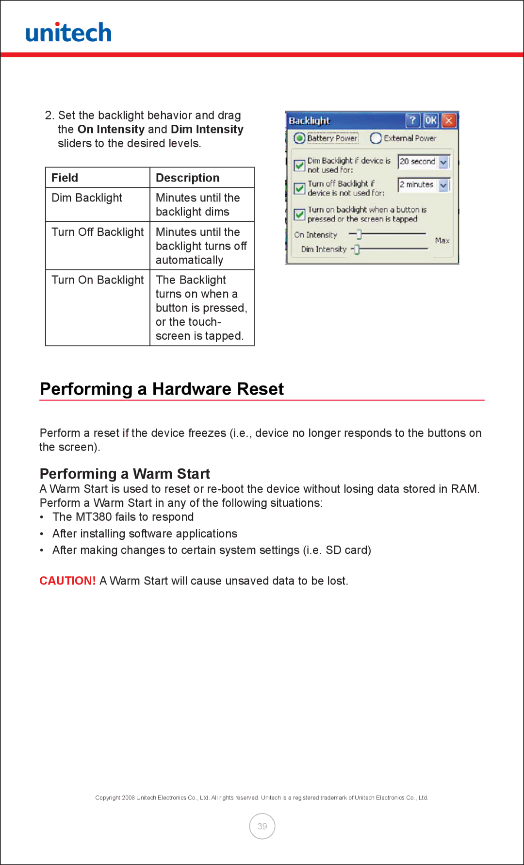 Unitech MT380 user manual Performing a Hardware Reset, Performing a Warm Start, Field Description 